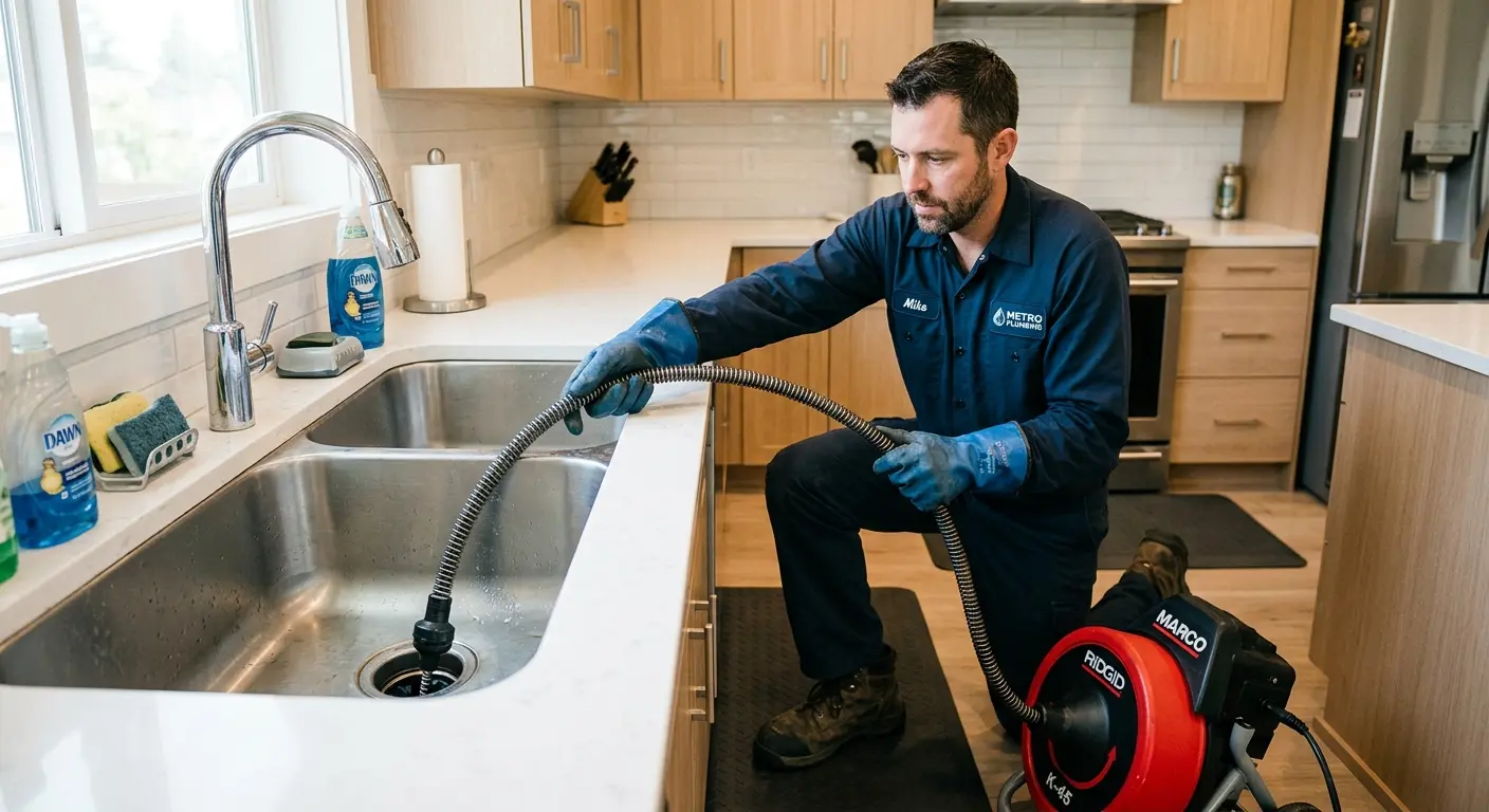 Drain cleaning technician using a motorized snake on a kitchen sink in Lemoore