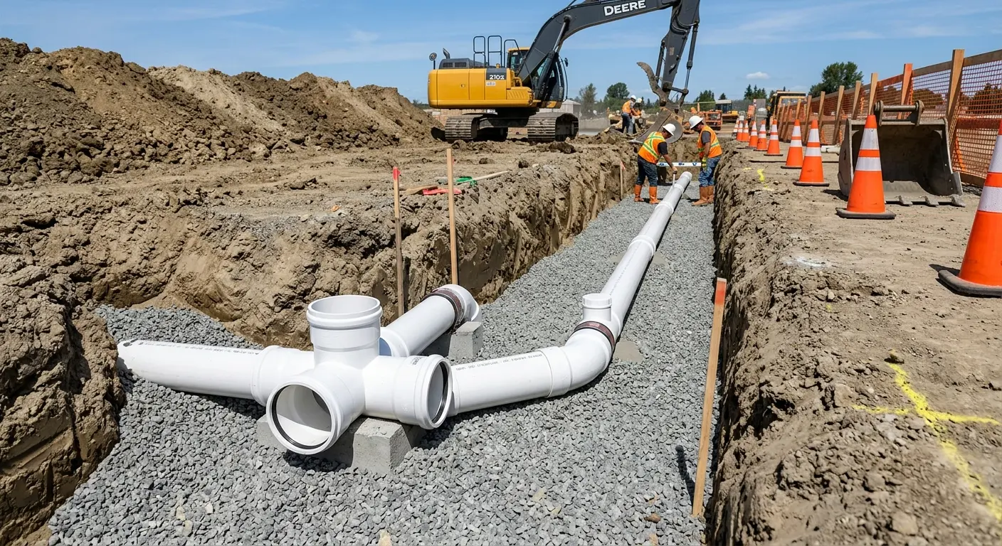 New PVC sewer pipe installation in open trench for Sewer Backup in Lemoore