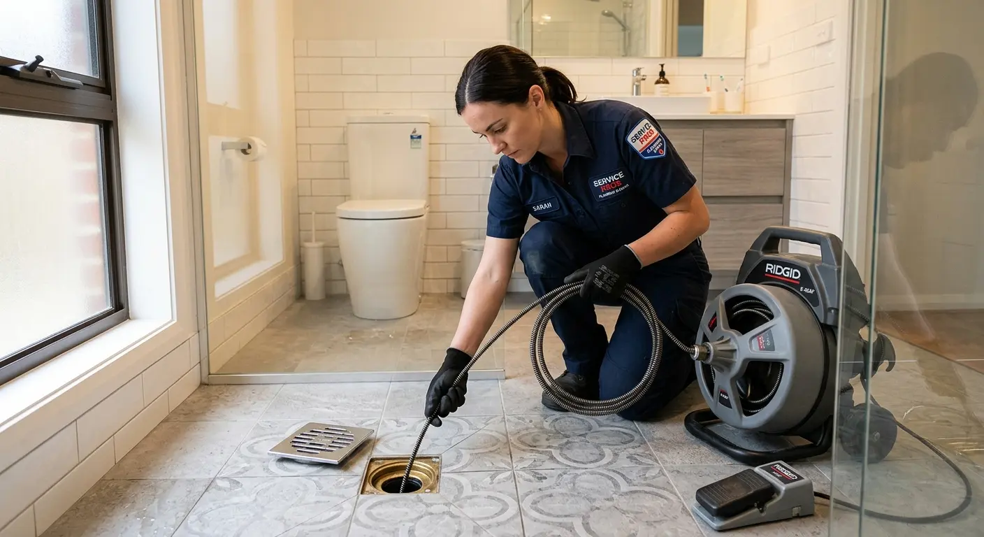Technician clearing a bathroom floor drain for Sewer Line Replacement in Lemoore